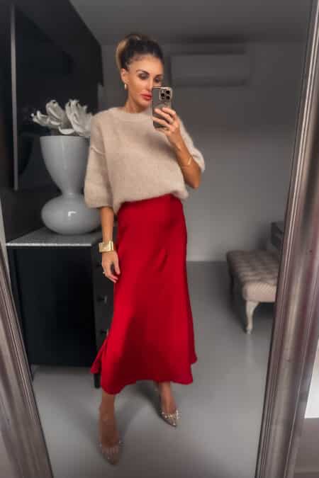 Spódnica - Czerwona satyna gruba matowa