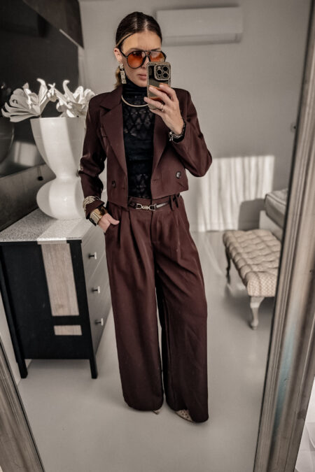 Komplet - Marynarka i szerokie spodnie brąz szybka wysyłka